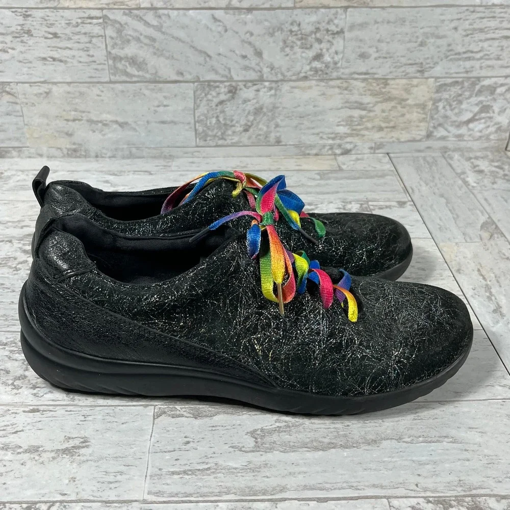 Klogs Sneaker Shoes Womens Size 10M Black Leather Rainbow Lace Up‎ Casual